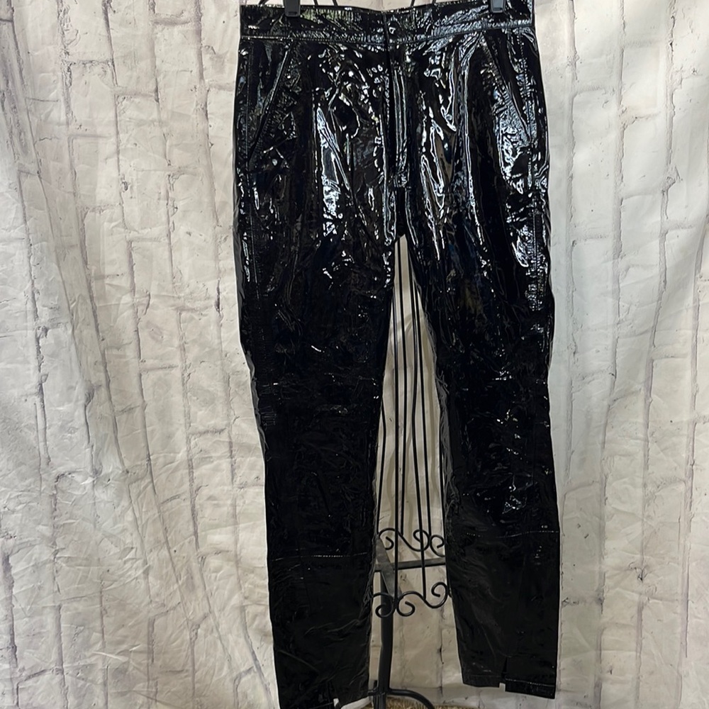 Zeynep Arcay Lamb Leather Leggings Genuine Patent Black Slit Ankle Silk Lined